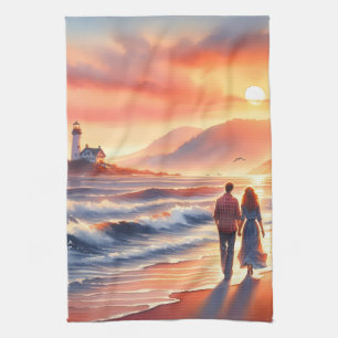 Romantic Coastal Sunset Lighthouse Walk Tea Towel