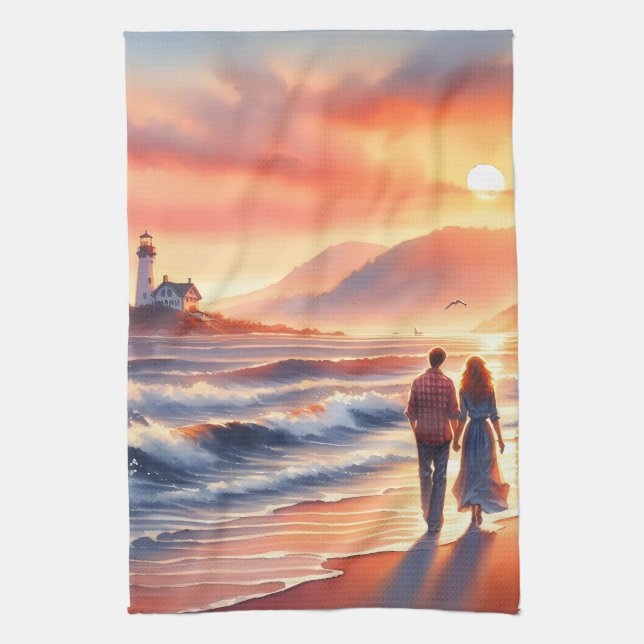 Romantic Coastal Sunset Lighthouse Walk Tea Towel (Vertical)