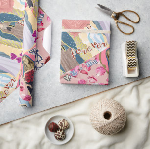 Romantic Collage, Cupid , Roses, Mother Mary  Wrapping Paper