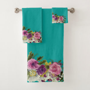 Romantic,Colourful ,Watercolor Flowers Bath Towel Set
