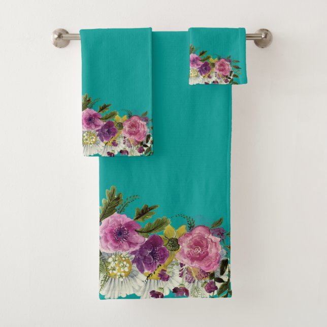 Romantic,Colourful ,Watercolor Flowers Bath Towel Set (Insitu)