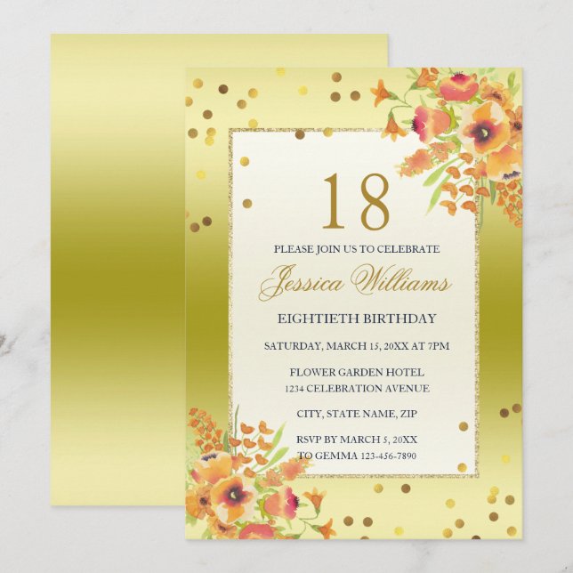 Romantic Confetti & Corner Bouquets 18th Birthday Invitation (Front/Back)