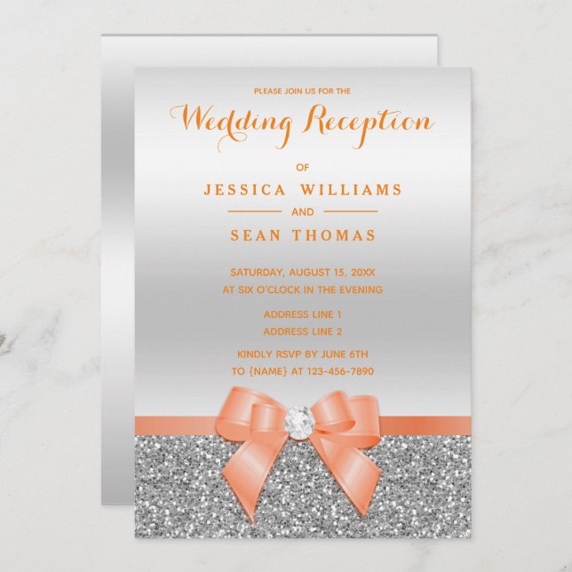 Romantic Coral Bow, Silver Glitter Reception Invitation (Front/Back)