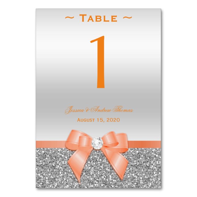 Romantic Coral Bow & Silver Glitter Table Number (Front)