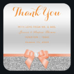 Romantic Coral Bow & Silver Glitter Thank You Square Sticker<br><div class="desc">Elegant sparkly Wedding thank you stickers with a classy romantic coral bow and ribbon image on a pretty shiny silver glitter and silver gradient background. All text is fully customisable to meet your requirements. If you need help to customise your product or would like matching products please contact me through...</div>