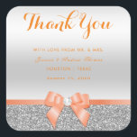 Romantic Coral Bow & Silver Glitter Thank You Square Sticker<br><div class="desc">Elegant sparkly Wedding thank you stickers with a classy romantic coral bow and ribbon image on a pretty shiny silver glitter and silver gradient background. All text is fully customisable to meet your requirements. If you need help to customise your product or would like matching products please contact me through...</div>
