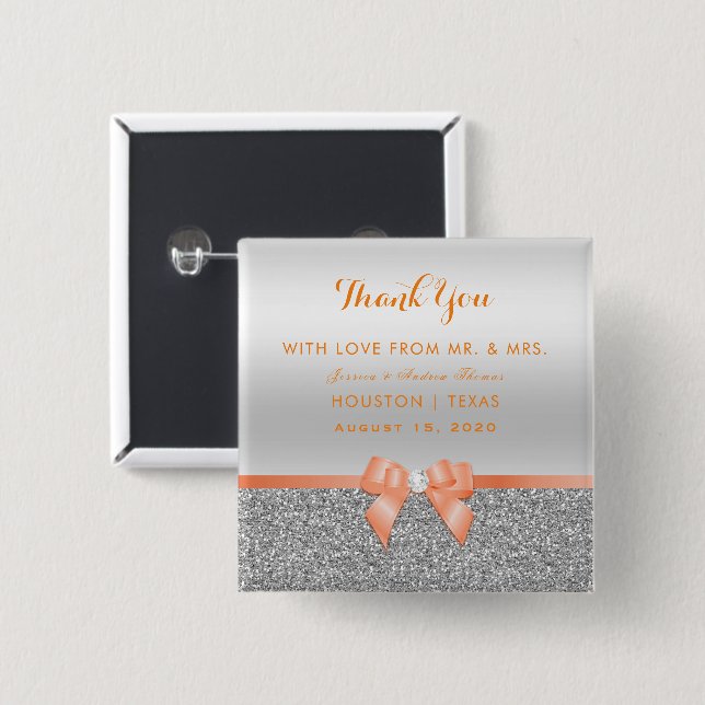 Romantic Coral Bow & Silver Glitter Wedding 15 Cm Square Badge (Front & Back)