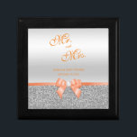 Romantic Coral Bow & Silver Glitter Wedding Gift Box<br><div class="desc">Elegant sparkly Wedding Keepsake box with a classy romantic coral bow and ribbon image on a pretty shiny silver glitter and silver gradient background. All text is fully customisable to meet your requirements. If you need help to customise your product or would like matching products please contact me through my...</div>