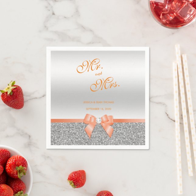 Romantic Coral Bow & Silver Glitter Wedding Napkin (Insitu)