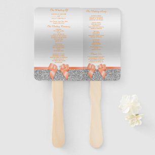 Romantic Coral Bow, Silver Glitter Wedding Program Hand Fan