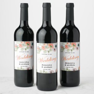 Romantic Coral Floral Wedding  Wine Label
