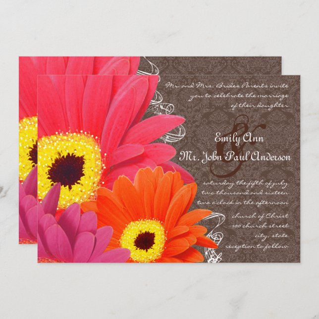 Romantic Coral & Fuchsia Gerber Daisy Wedding Invitation (Front/Back)