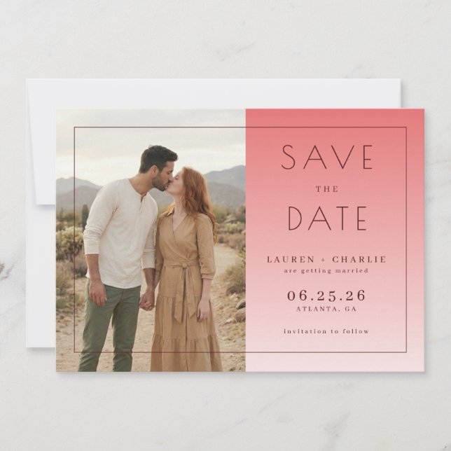 Romantic Coral Minimalist Photo Save The Date (Front)