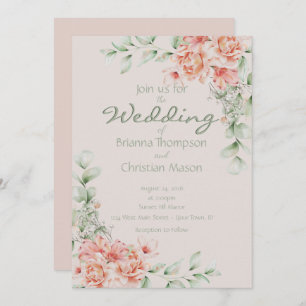 Romantic Coral Peach Cream and Sage Green Floral   Invitation