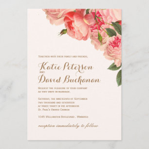 Romantic Coral Peonies on Gold Wedding Invitation