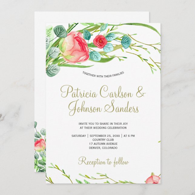 Romantic coral red blush roses wreath wedding invitation (Front/Back)