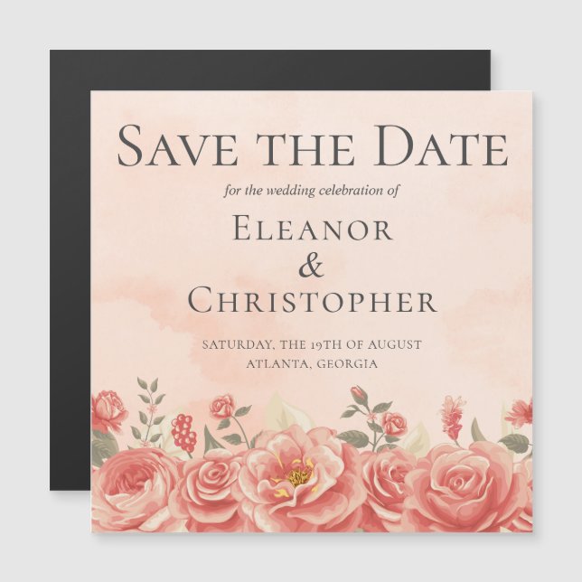Romantic Coral Roses Peach Floral Save the Date (Front/Back)