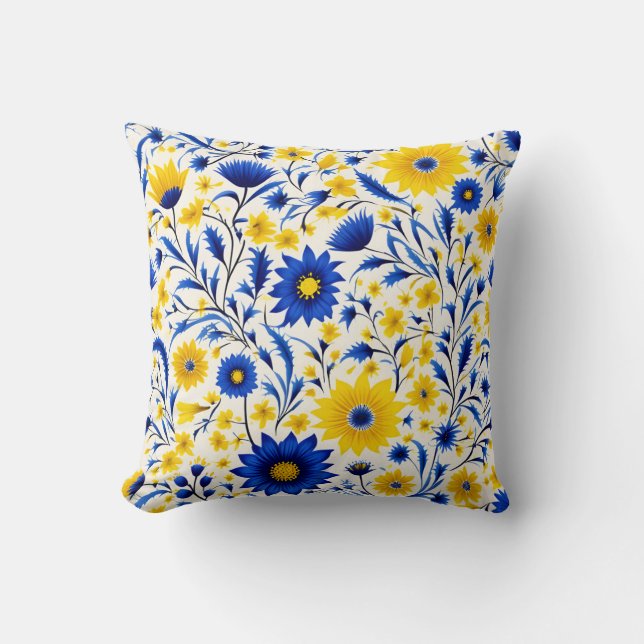 Romantic Cornflower Blue and Yellow Floral Cushion (Front)