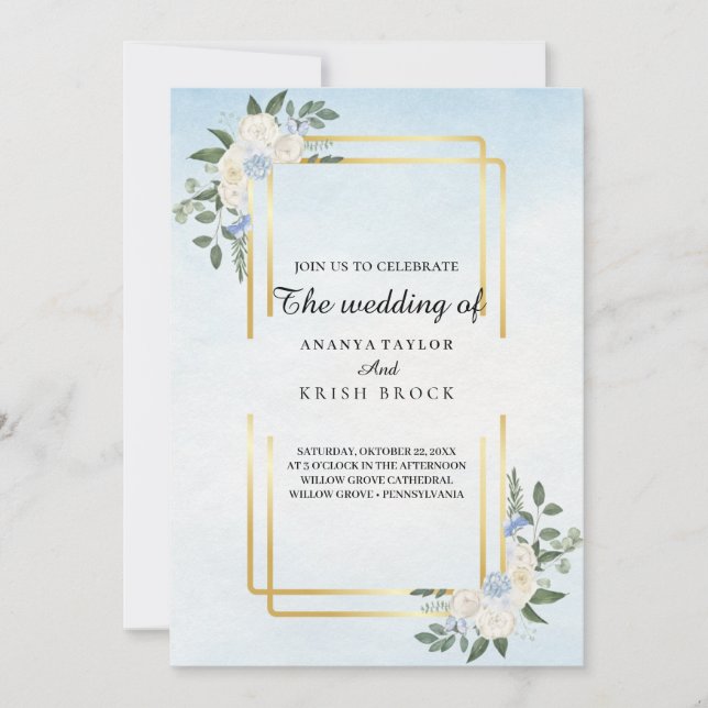 Romantic cottage Blue Floral Wedding Invitation (Front)