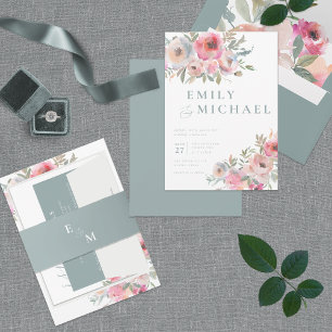 Romantic Cottage Flowers Blush Blue Sage Invitation