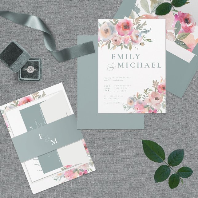 Romantic Cottage Flowers Blush Blue Sage Invitation (Creator Uploaded)