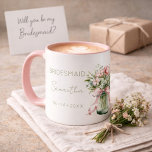 Romantic Cottagecore Bridesmaid Name and Date Pink Mug<br><div class="desc">Looking for a bridesmaid gift that feels romantic, personal, and unforgettable? This romantic cottagecore pink mug with custom name and wedding date is a keepsake she’ll cherish long after the celebration. Ideal for bridesmaid proposals, bridal showers, and wedding morning gifts. Features a soft pink cottagecore floral design with personalized name...</div>