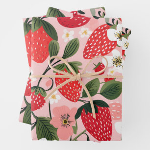 Romantic Cottagecore Strawberry Botanical Wrapping Paper Sheet