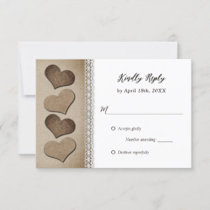 Romantic Country Burlap Hearts Lace Wedding RSVP Card