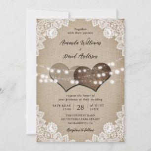 Romantic Country Burlap Lights Floral Lace Wedding Invitation