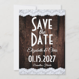 Romantic Country Chic Lace and Rustic Wood Save The Date