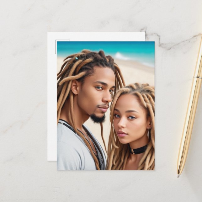 Romantic Couple Beach Digital Art Poster Postcard (Front/Back In Situ)