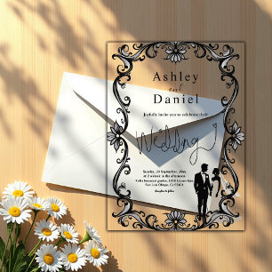 Romantic Couple Black And White Elegant Wedding Acrylic Invitations