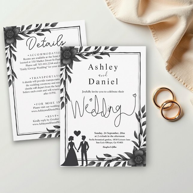 Romantic Couple Black And White Elegant Wedding Invitation (Creator Uploaded)