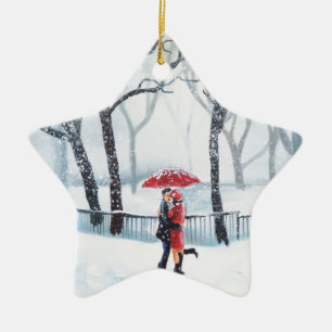 Romantic couple dancing in the snow red umbrella ceramic ornament