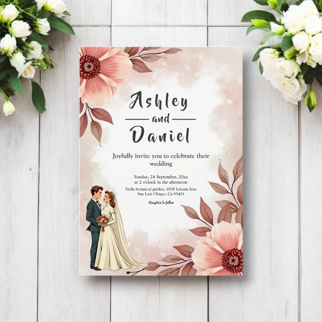 Romantic Couple Dusty Watercolor Floral Wedding Invitation (Creator Uploaded)