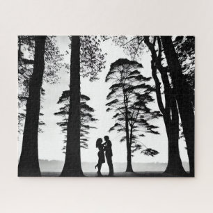 Romantic Couple Embrace in Silhouette Forest Scene Jigsaw Puzzle
