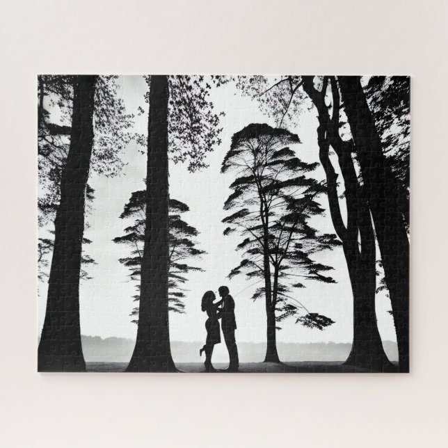 Romantic Couple Embrace in Silhouette Forest Scene Jigsaw Puzzle (Horizontal)