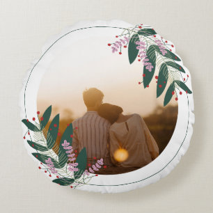 Romantic Couple Floral Wreath Round Pillow