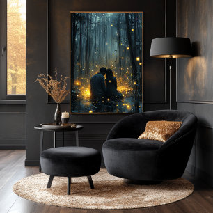 Romantic Couple in Forest with Glowing Fireflies Poster