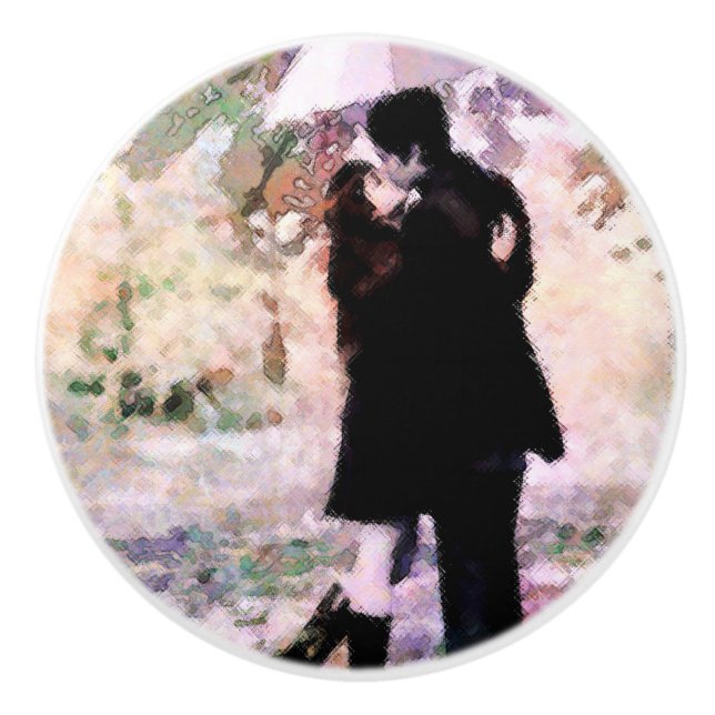 Romantic Couple in Love Kissing in The Rain  Ceramic Knob (Front)