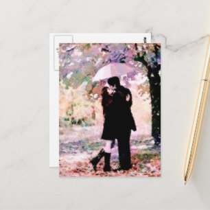 Romantic Couple in Love Kissing in The Rain Postcard