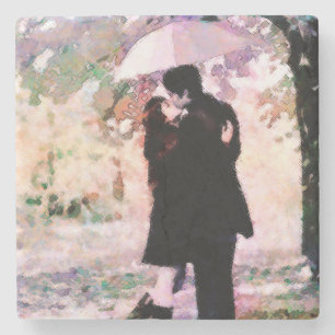 Romantic Couple in Love Kissing in The Rain  Stone Coaster