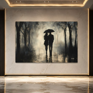Romantic Couple in Rain – Minimalist Charcoal Art Poster