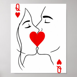 Romantic Couple Kiss Queen Of Hearts Poker Playing Poster
