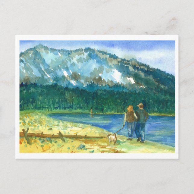 Romantic Couple Love Winter Lake Walk Watercolor Postcard (Front)