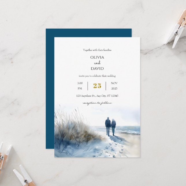 Romantic Couple Moonlight Beach Stroll Wedding  Invitation (Front/Back In Situ)