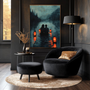 Romantic Couple on Dock with Lantern Glow Poster