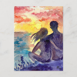 Romantic couple on the beach postcard