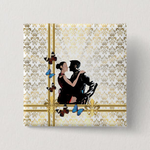 Romantic couple on white damask 15 cm square badge