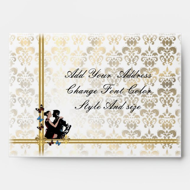 Romantic couple on white damask envelopes (Front)